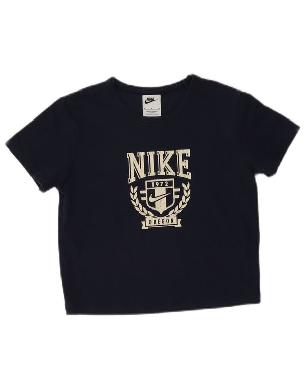 Nike Dame Crop Grafisk T-Shirt Top UK 12 Medium Navy Blue Bomuld