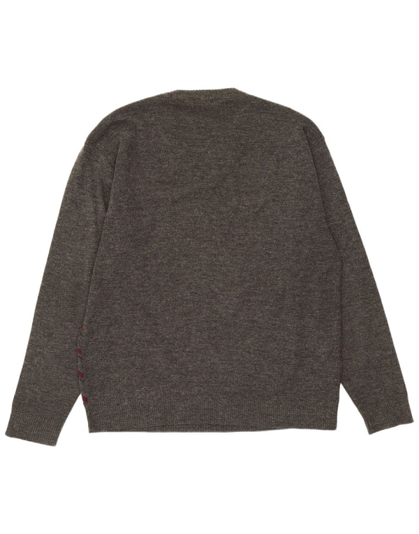 Vintage Mens V-Neck Jumper Sweater Medium Grey Argyle/Diamond Acrylic