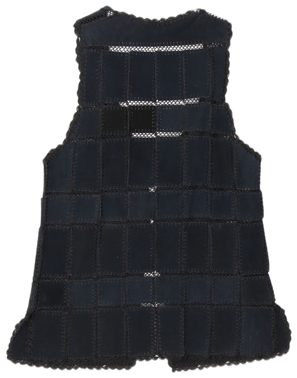 Gilet vintage in pelle scamosciata da donna UK 16 grande patchwork blu navy