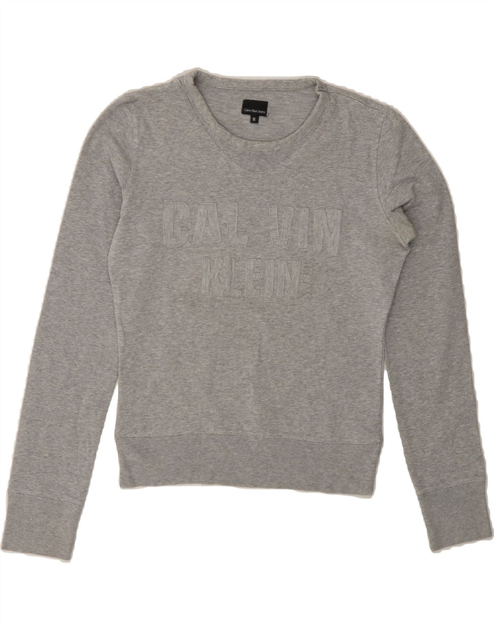 CALVIN KLEIN Womens Crop Graphic Sweatshirt Jumper UK 12 Medium Grey Vintage Calvin Klein and Second-Hand Calvin Klein from Messina Hembry 