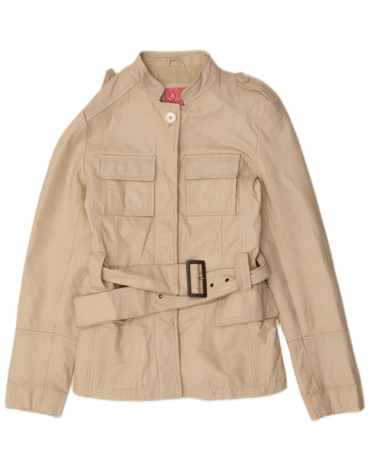 Vintage Womens Military Leather Jacket IT 44 Medium Beige Leather