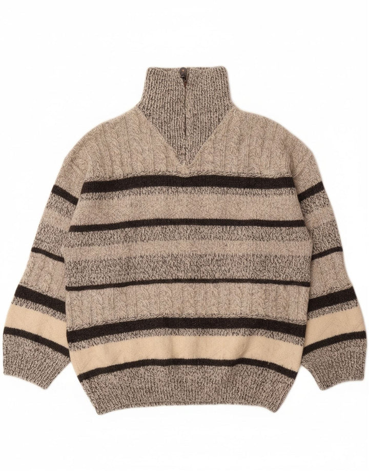CAMARGUE Mens Zip Neck Jumper Sweater Large Grey Striped Polyacrylic