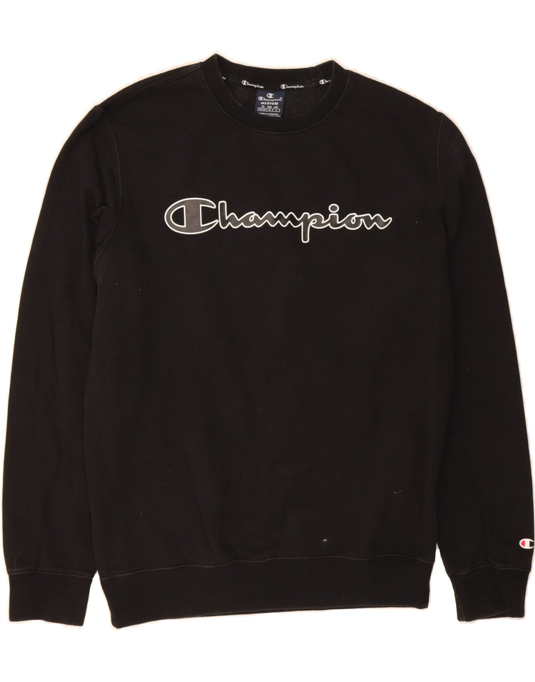 CHAMPION Mens Graphic Sweatshirt Jumper Medium Black Cotton Vintage Champion and Second-Hand Champion from Messina Hembry 