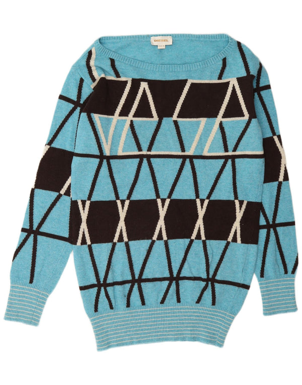 Diesel Womens Boat Neck Jumper Sweater UK 14 Medium Blue Geometric Wool