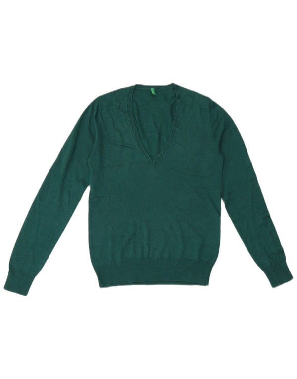 Benetton Damen-Pullover mit V-Ausschnitt, Gr. 6, XS, grüne Viskose