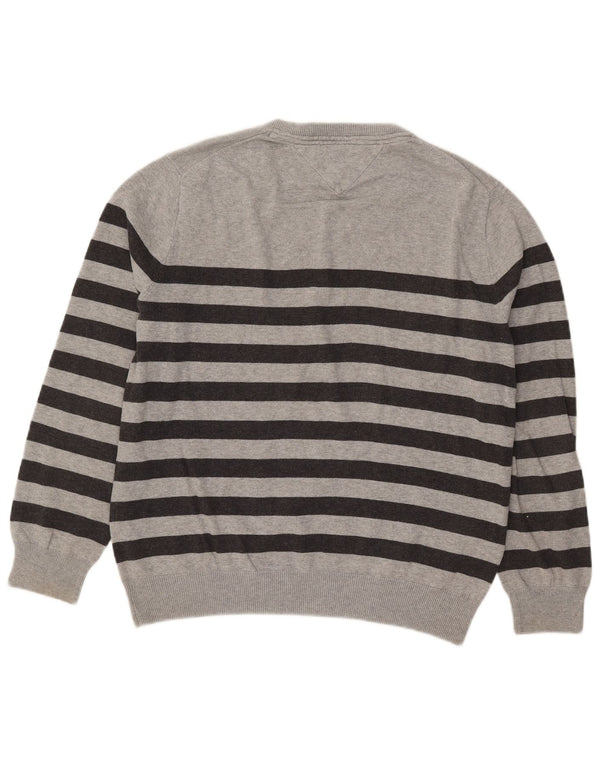 Tommy Hilfiger Mens V-Neck Jumper Sweater Medium Grey Striped Cotton