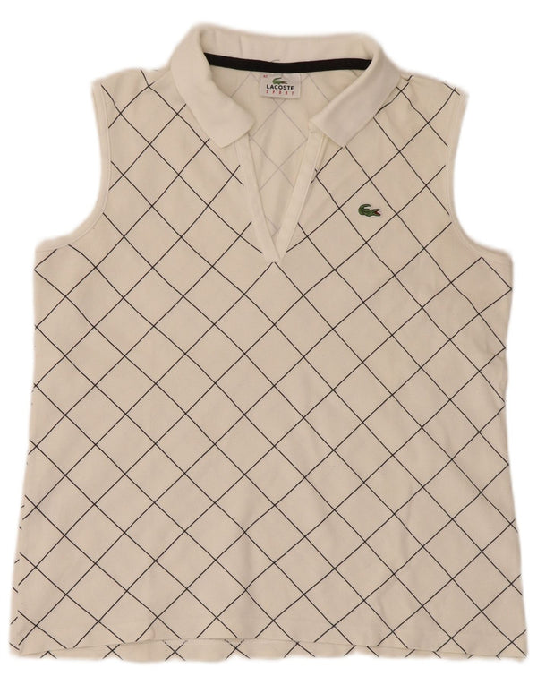 Lacoste Damen-Poloshirt, ärmellos, Größe 42, groß, weiß kariert, Baumwolle