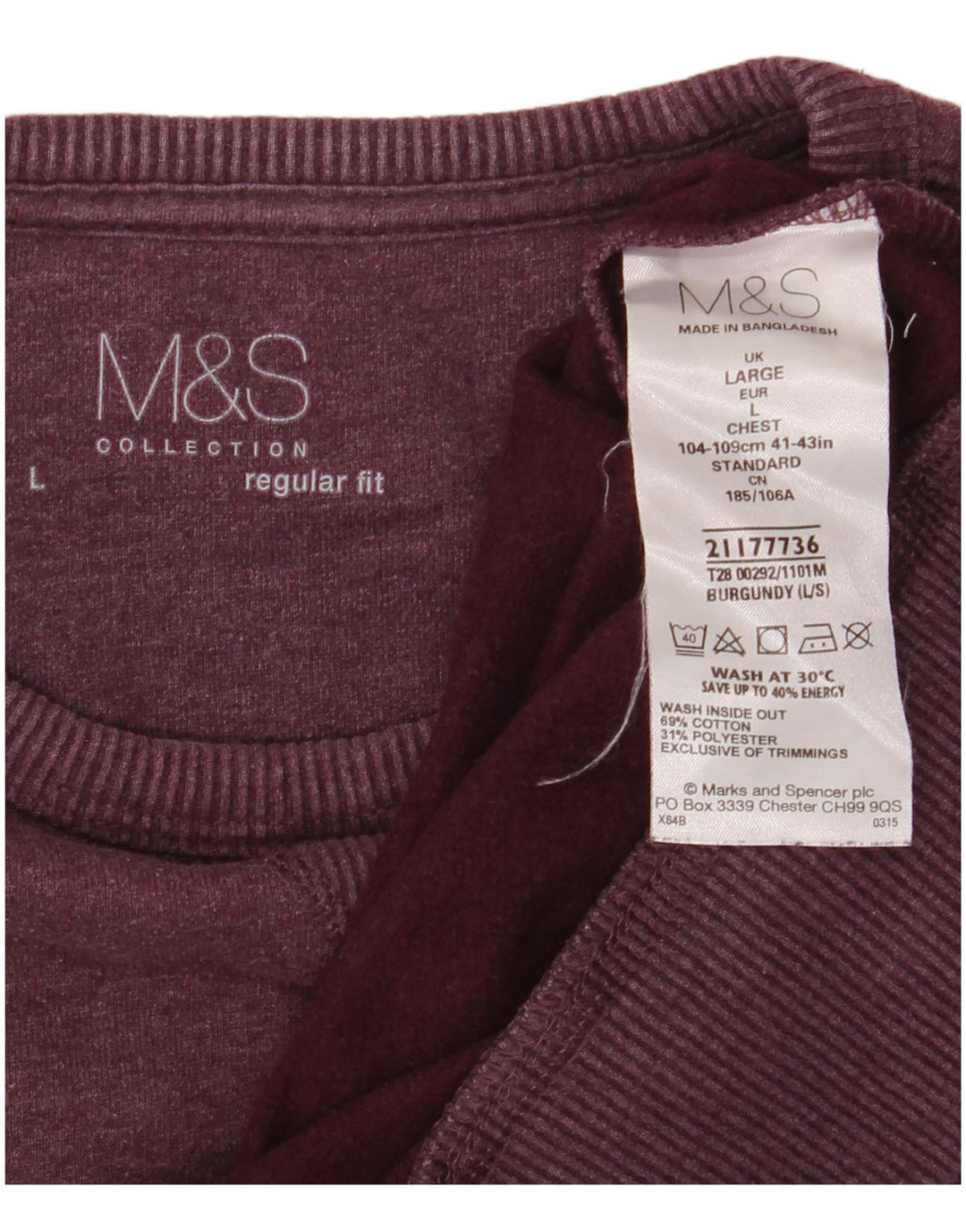 Marks & Spencer Mens Regular Fit Sweatshirt Jumper Large Burgundy Cotton