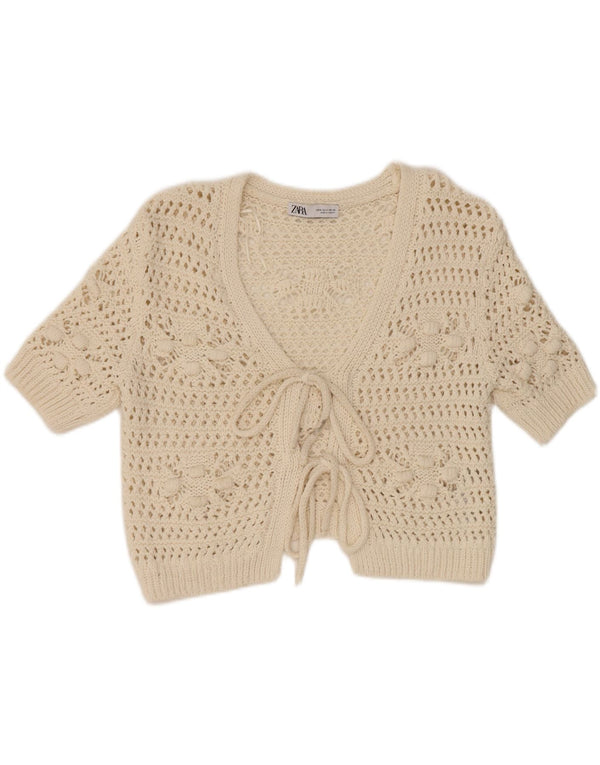 Zara Womens Crop Kortærmet Cardigan Sweater UK 14 Medium White Floral