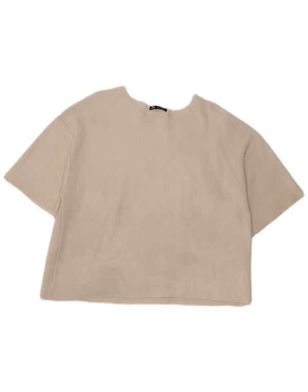Zara Womens Crop T-Shirt Top UK 16 Large Off White Polyester