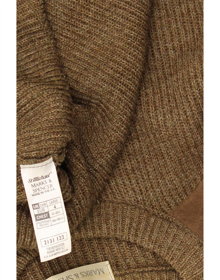 Marks & Spencer Mens Crew Neck Jumper Sweater Large Khaki Colourblock Wool