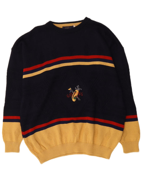 Vintage hombres gráfico cuello redondo jersey suéter XL azul marino colorblock