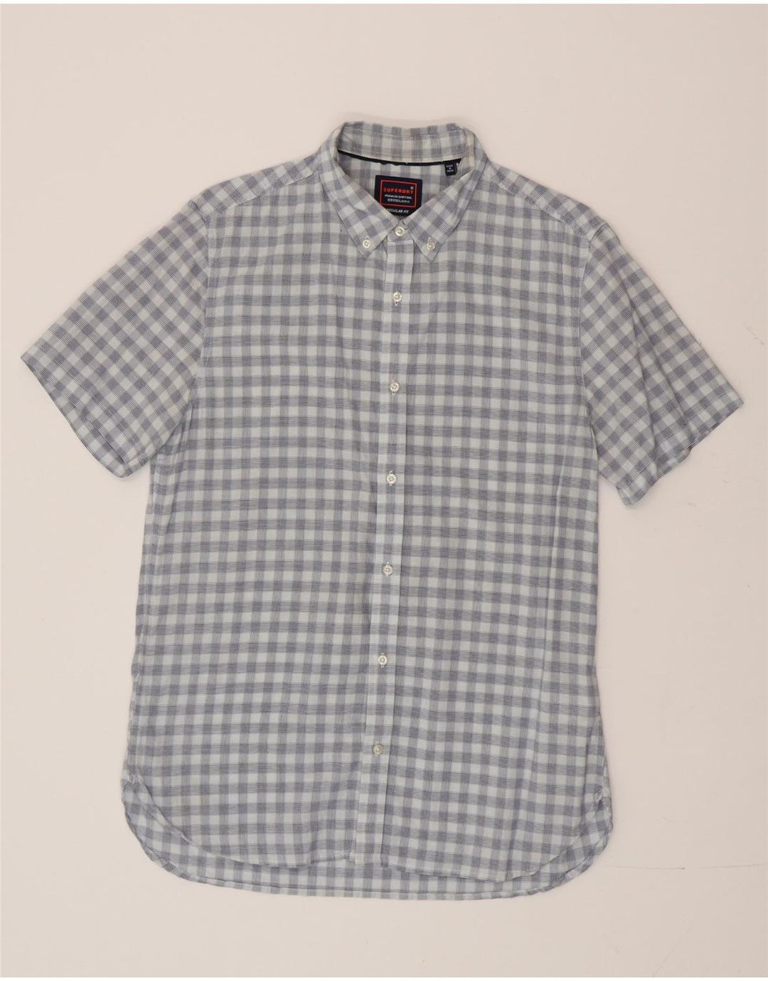 Superdry Herren-Kurzarmhemd mit normaler Passform, mittelblaue Gingham-Baumwolle