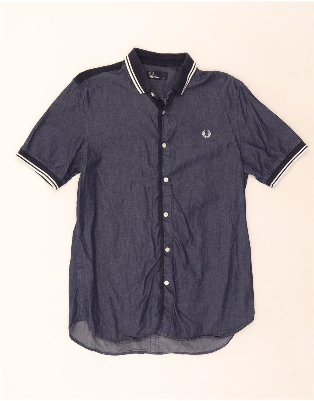 Fred Perry Mens Short Sleeve Shirt Medium Navy Blue Striped Cotton