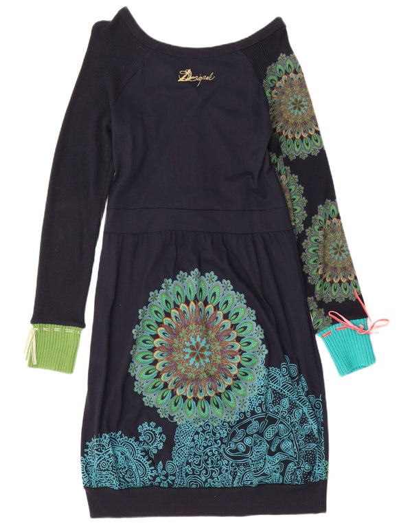 Desigual Robe bulle à manches longues pour femme UK 14 Large Bleu marine Paisley