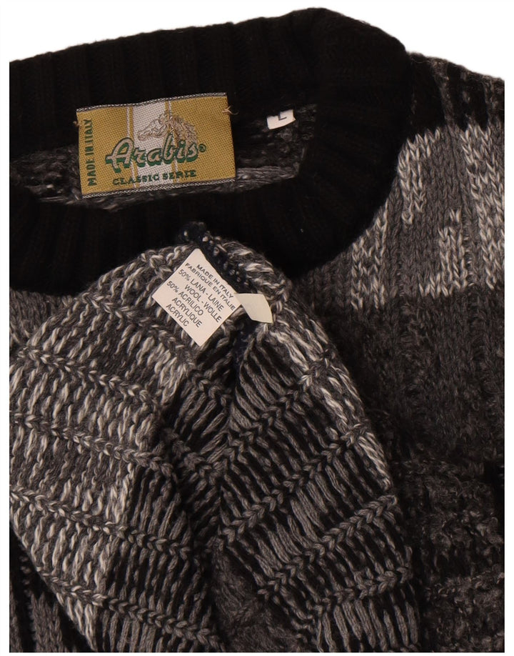Vintage Mens Crew Neck Jumper Sweater Large Grey Chevron Wool