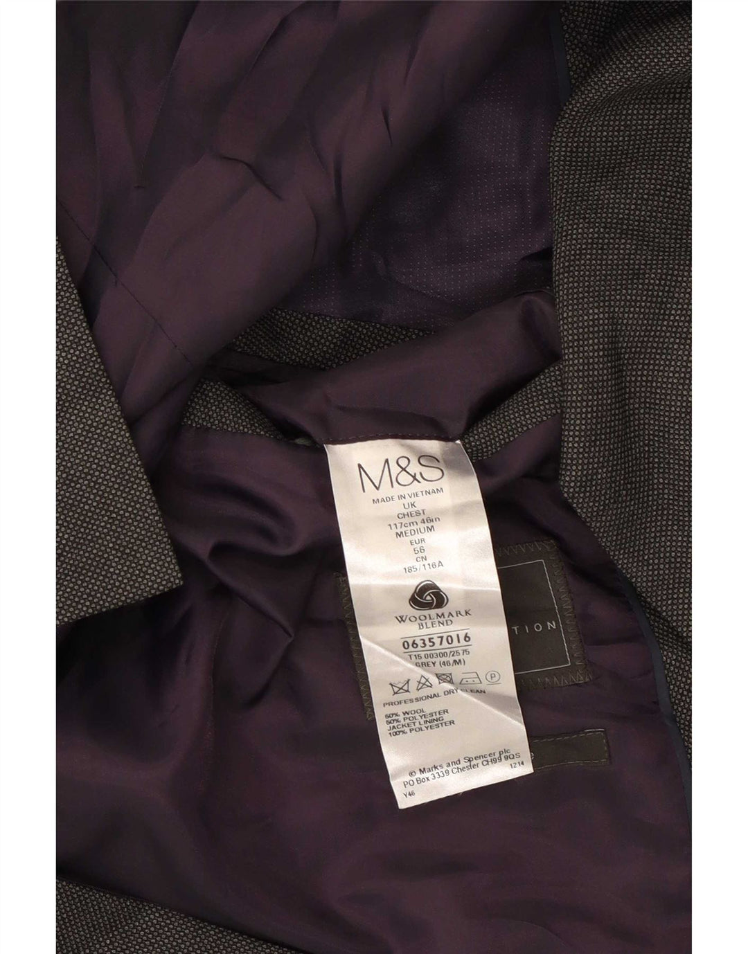 Jaqueta blazer masculina de 2 botões Marks & Spencer Reino Unido 46 XL lã cinza