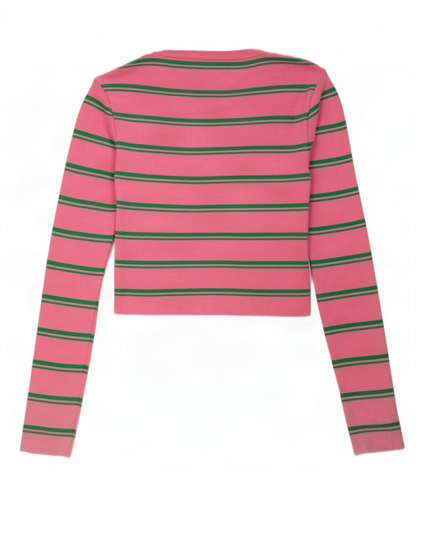 Zara Womens Crop Top Langærmet UK 14 Stor Pink Stribet Polyamid