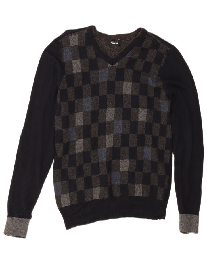 Zara Herren-Pullover mit V-Ausschnitt aus mittelschwarzer, geometrischer Baumwolle