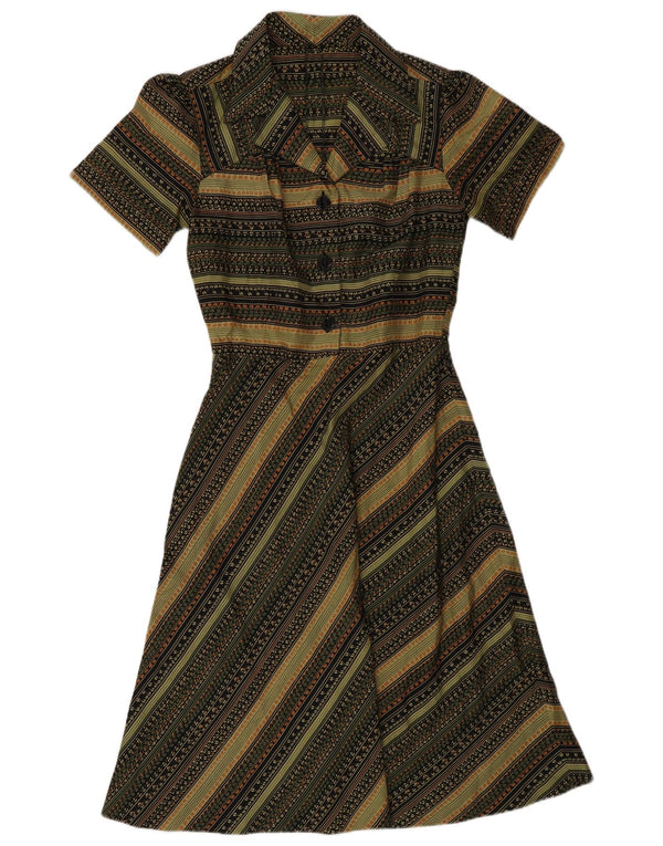 Vintage Womens Short Sleeves Shirt Dress UK 12 Medium Green Striped Retro