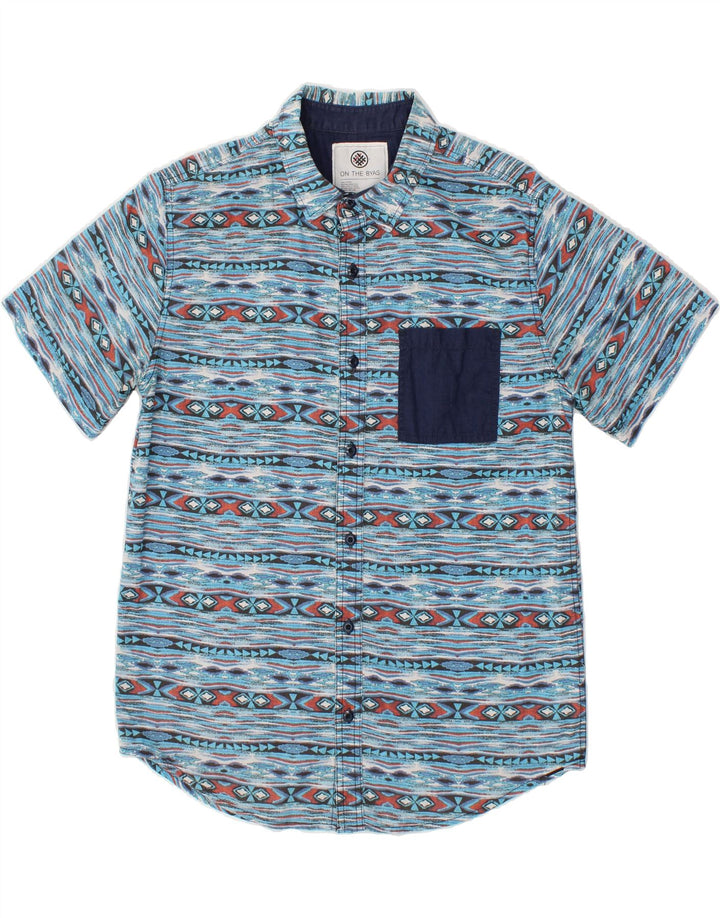 VINTAGE Mens Short Sleeve Shirt Medium Blue Striped Cotton
