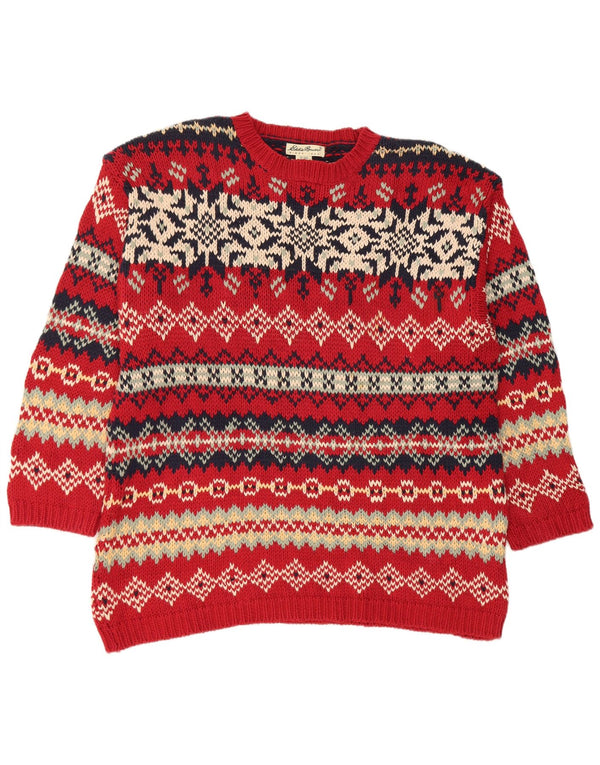Eddie Bauer Womens Crew Neck Jumper Sweater UK 18 XL Red Fair Isle Cotton