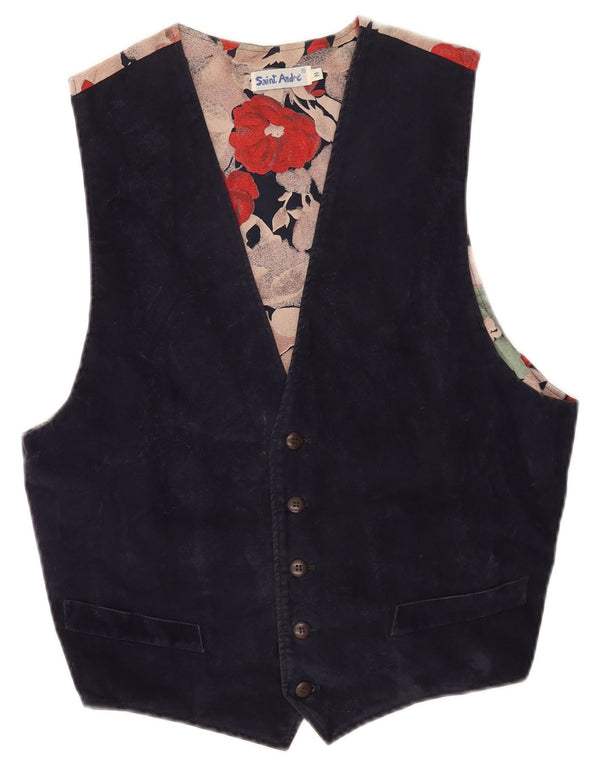 Vintage Womens Suede Waistcoat UK 14 Medium Navy Blue Floral