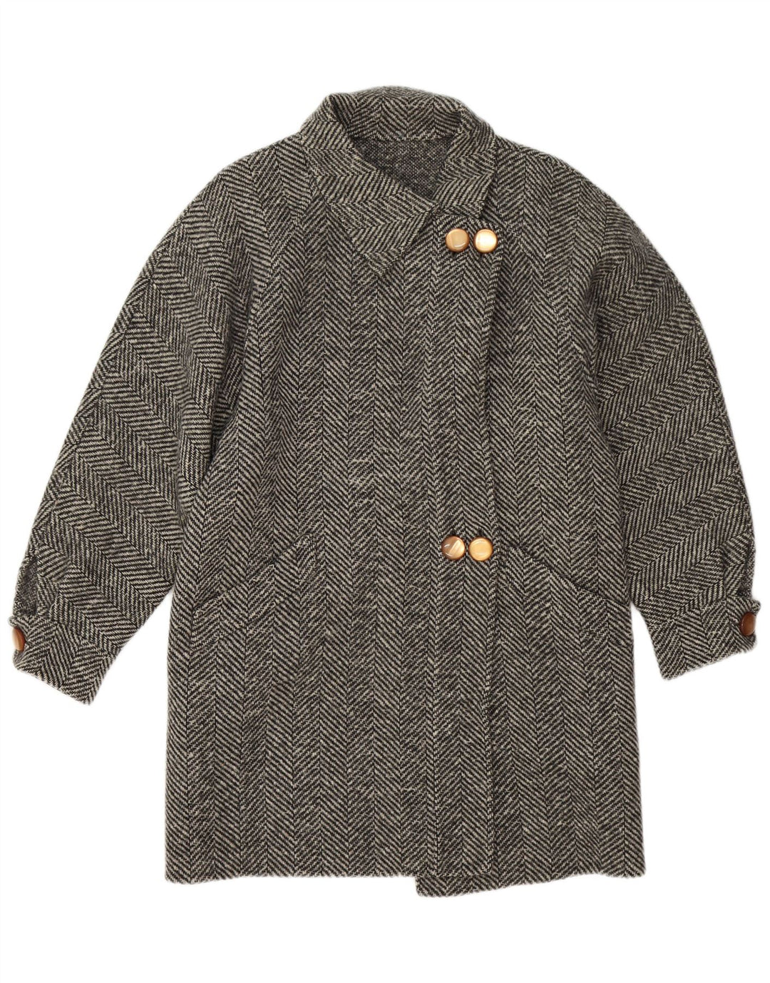 vintage Womens Overcoat UK 14 Moyen Gris Chevrons