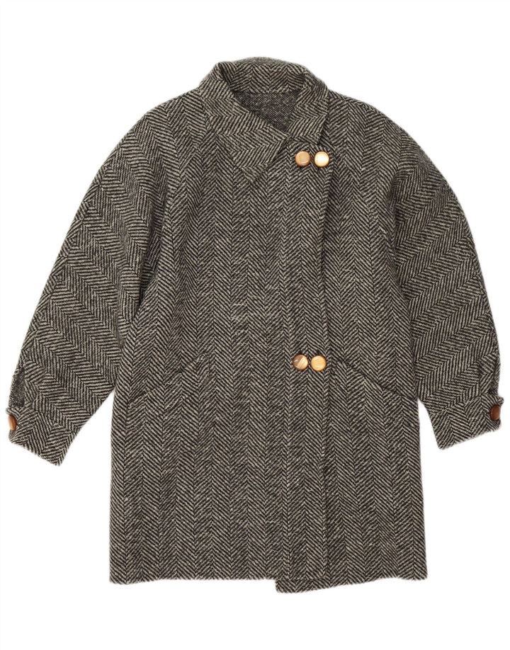 vintage Womens Overcoat UK 14 Moyen Gris Chevrons