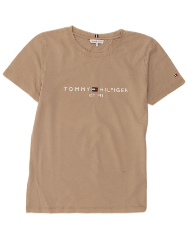 Tommy Hilfiger Womens Graphic T-Shirt Top UK 6 XS Beige Cotton