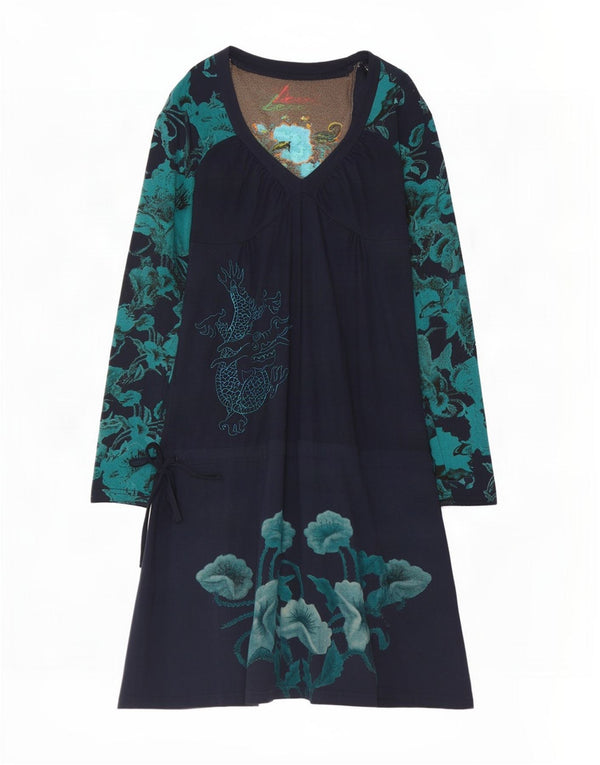 Desigual Abito da donna a maniche lunghe a vita bassa UK 12 Medio Blu navy floreale