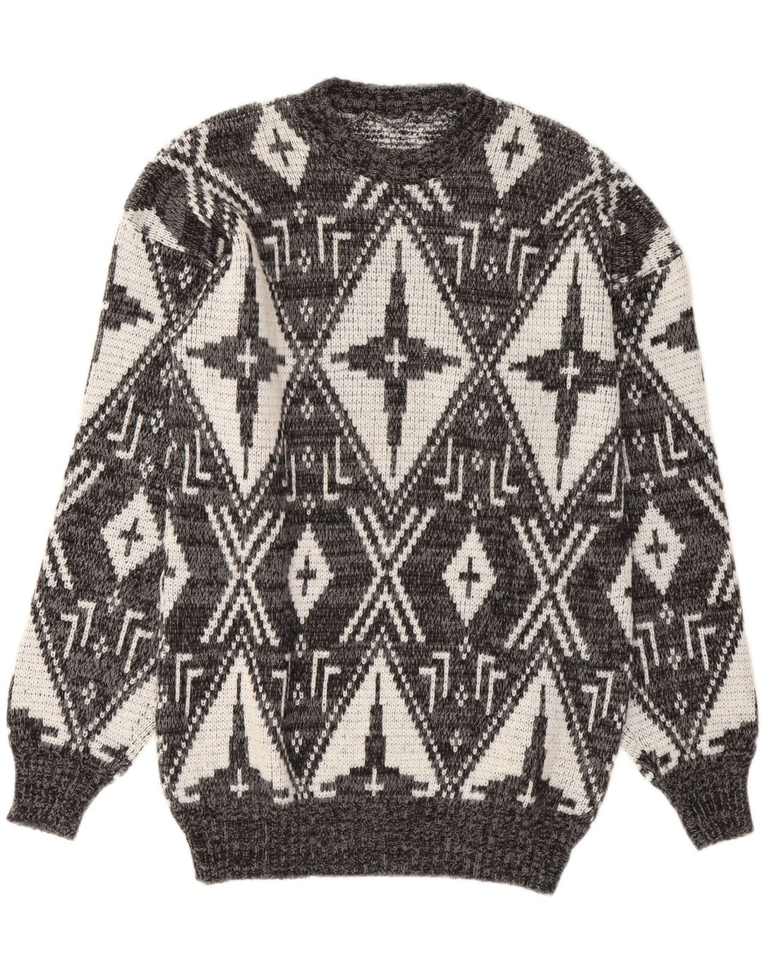 VINTAGE Mens Crew Neck Jumper Sweater Medium Grey Geometric Vintage Vintage and Second-Hand Vintage from Messina Hembry 