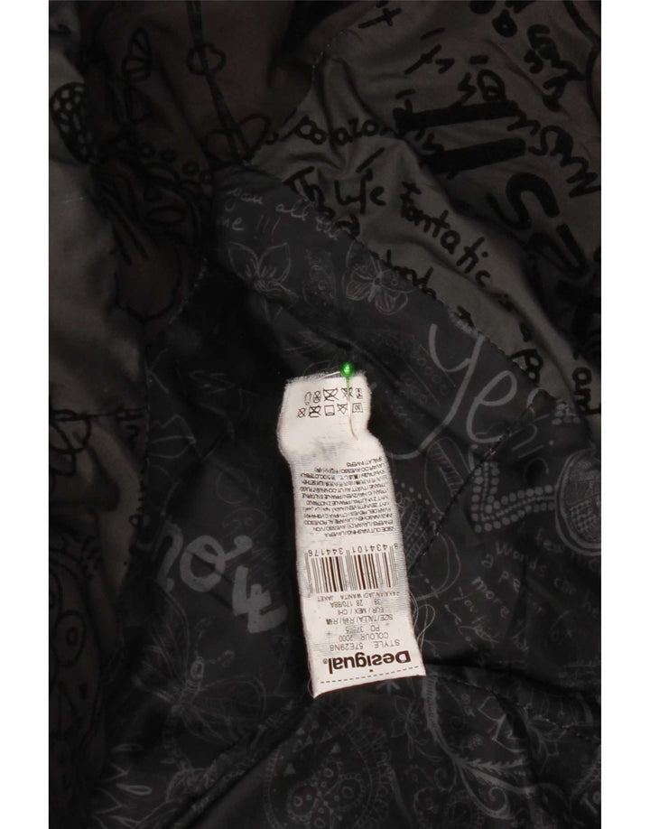 Desigual Womens Hooded Padded Coat EU 38 Medium Black Floral Polyester