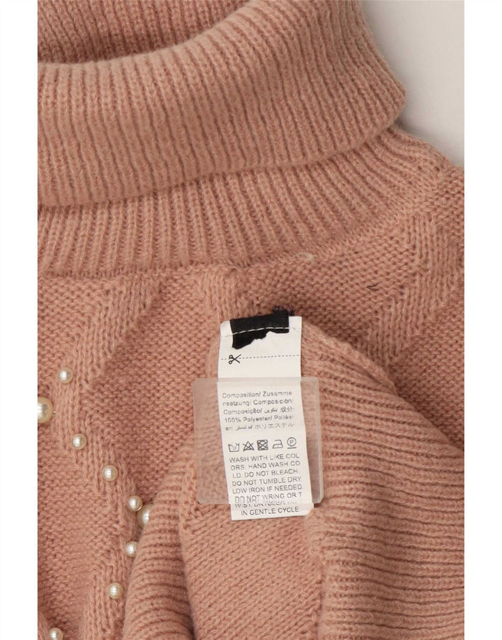 Vintage Dame Crop Roll Neck Jumper Sweater UK 14 Medium Beige Polyester