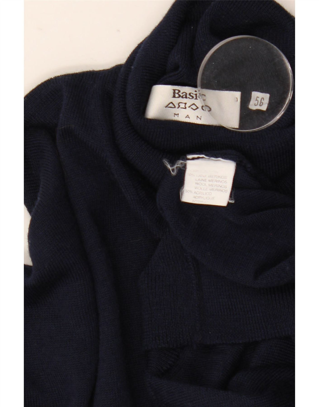 Basic Mens Roll Neck Jumper Sweater IT 56 XL Navy Blue Wool