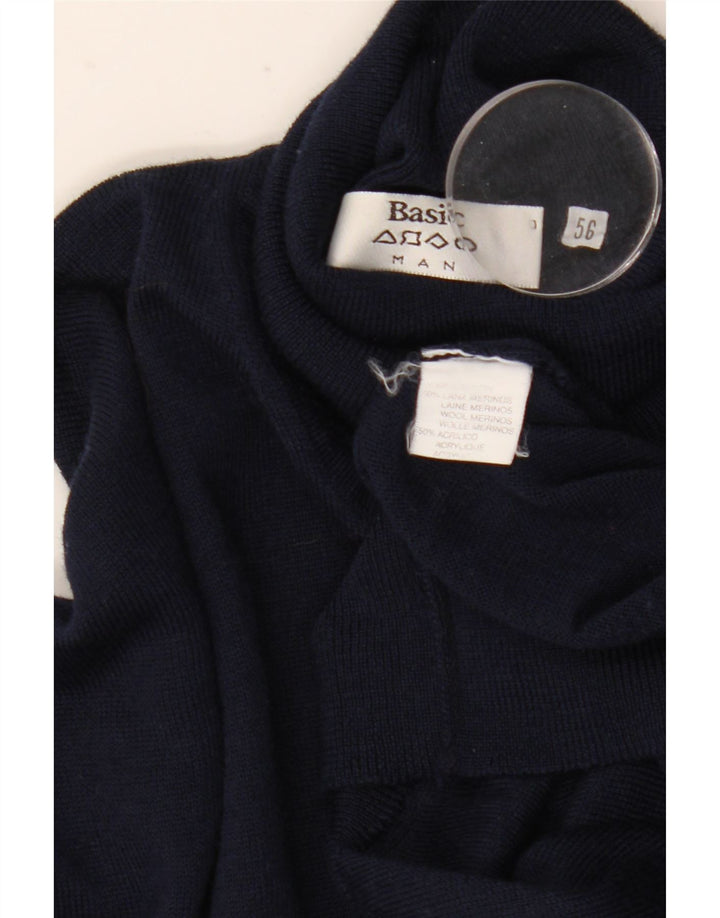 Basic Mens Roll Neck Jumper Sweater IT 56 XL Navy Blue Wool