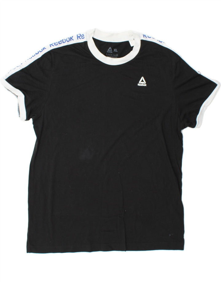 REEBOK Mens Graphic T-Shirt Top XL Black Colourblock Polyester Vintage Reebok and Second-Hand Reebok from Messina Hembry 