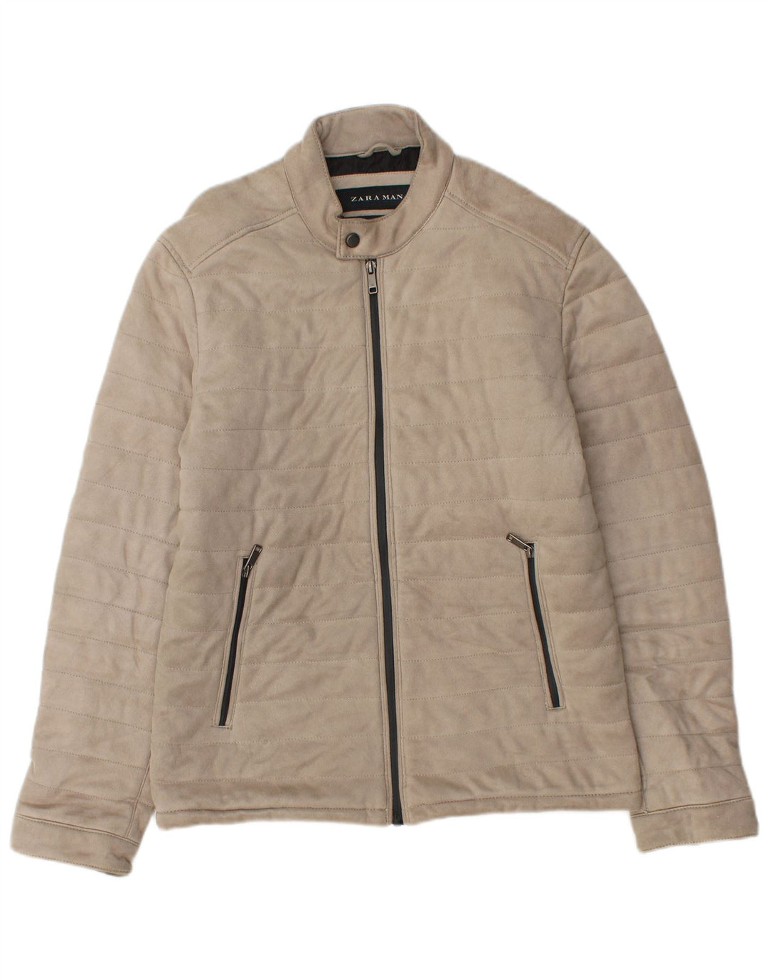 Zara Mens Bomber Jacket UK 38 Medium Beige Polyester