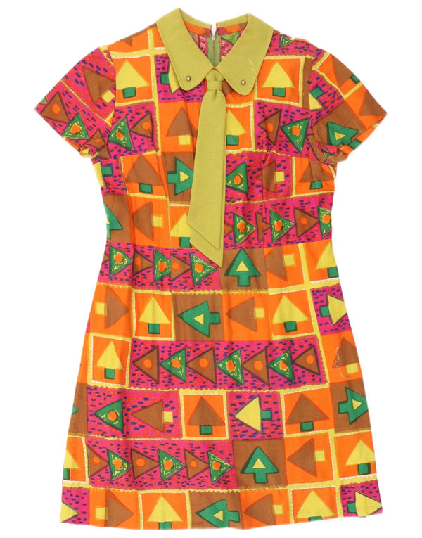 vintage Womens Front Tie A-Line Robe UK 16 Grand Multicolore Géométrique