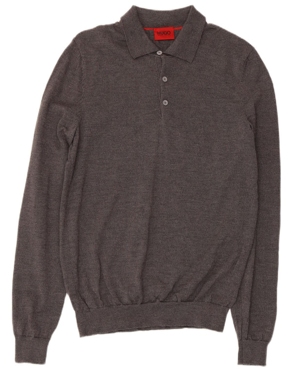 Suéter masculino Hugo Boss com gola polo e lã virgem cinza médio