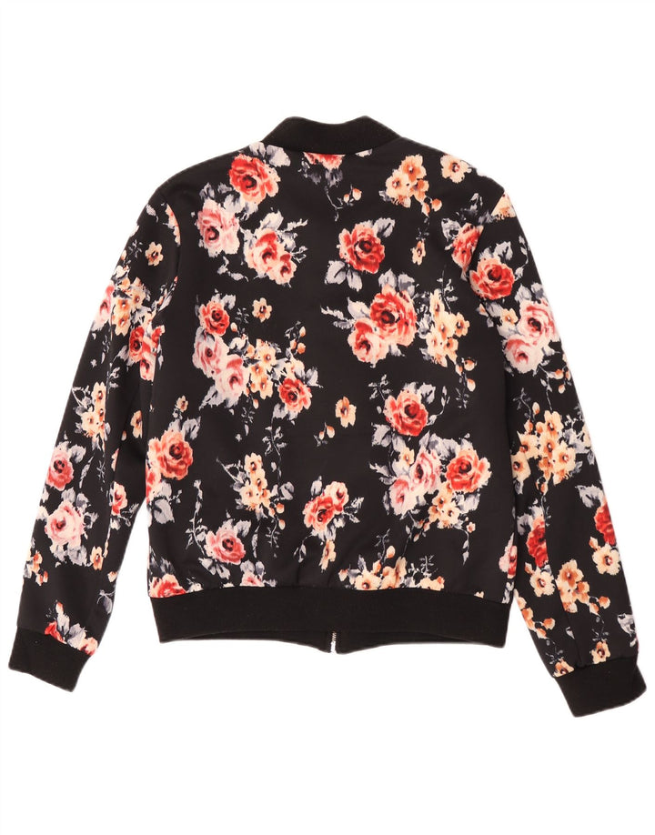 Zara Damen Bomberjacke UK 12 Mittelschwarzes geblümtes Polyester