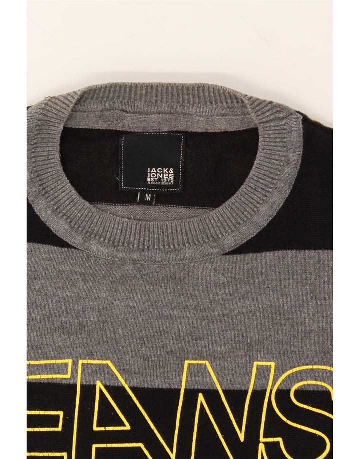JACK & JONES Mens Graphic Sweatshirt Jumper Medium Grey Striped Cotton Vintage Jack & Jones and Second-Hand Jack & Jones from Messina Hembry 