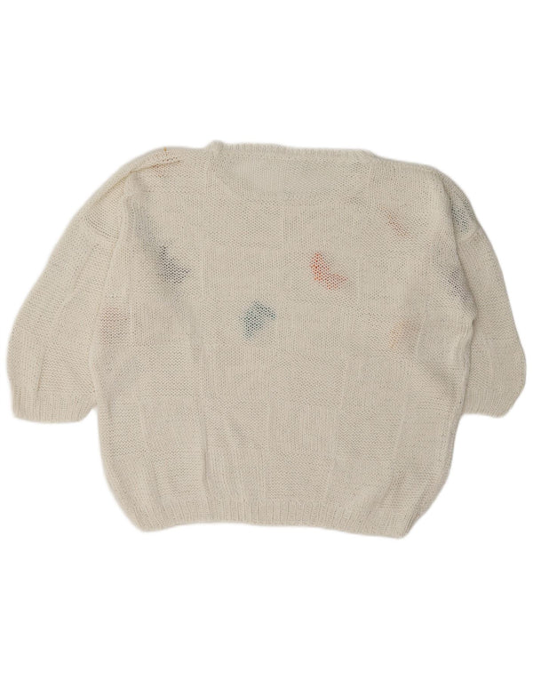 Vintage kvinders grafisk bådhals sweater UK 18 XL hvid sommerfugl