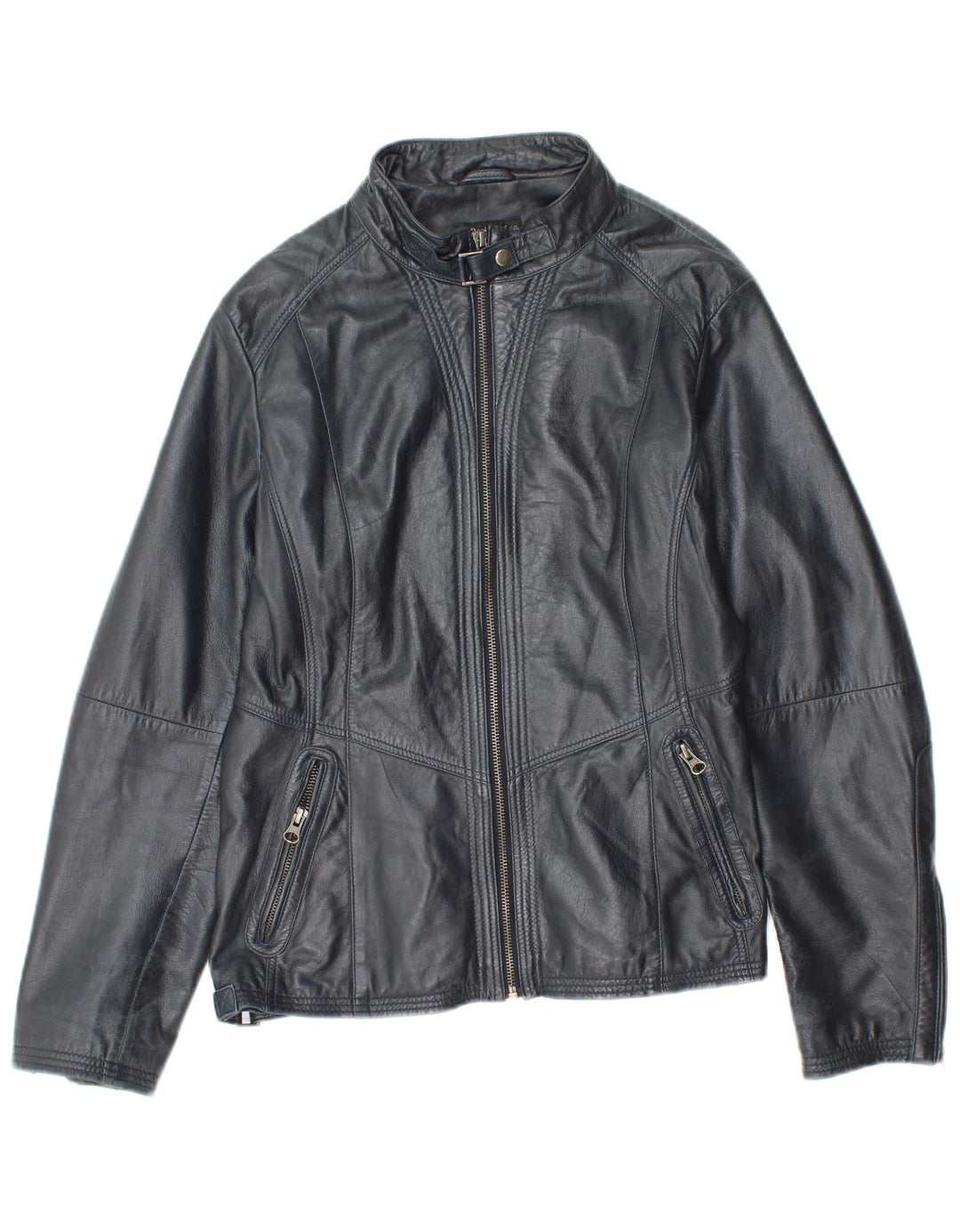 Vintage Womens Leather Jacket IT 48 XL Navy Blue Leather