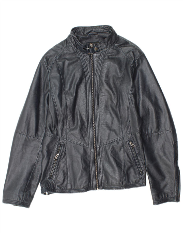 Vintage Womens Leather Jacket IT 48 XL Navy Blue Leather