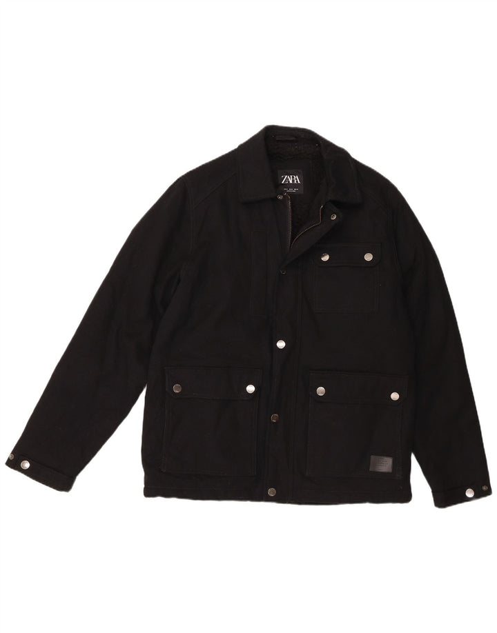 Zara Mens Sherpa Utility Jacket UK 38 Medium Black Cotton