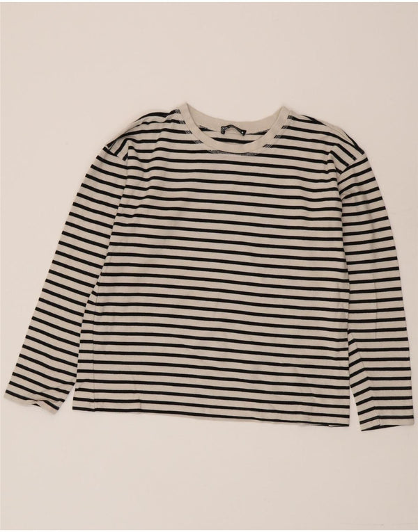 Zara Damen Top Langarm UK 14 Mittelweiß gestreift Baumwolle