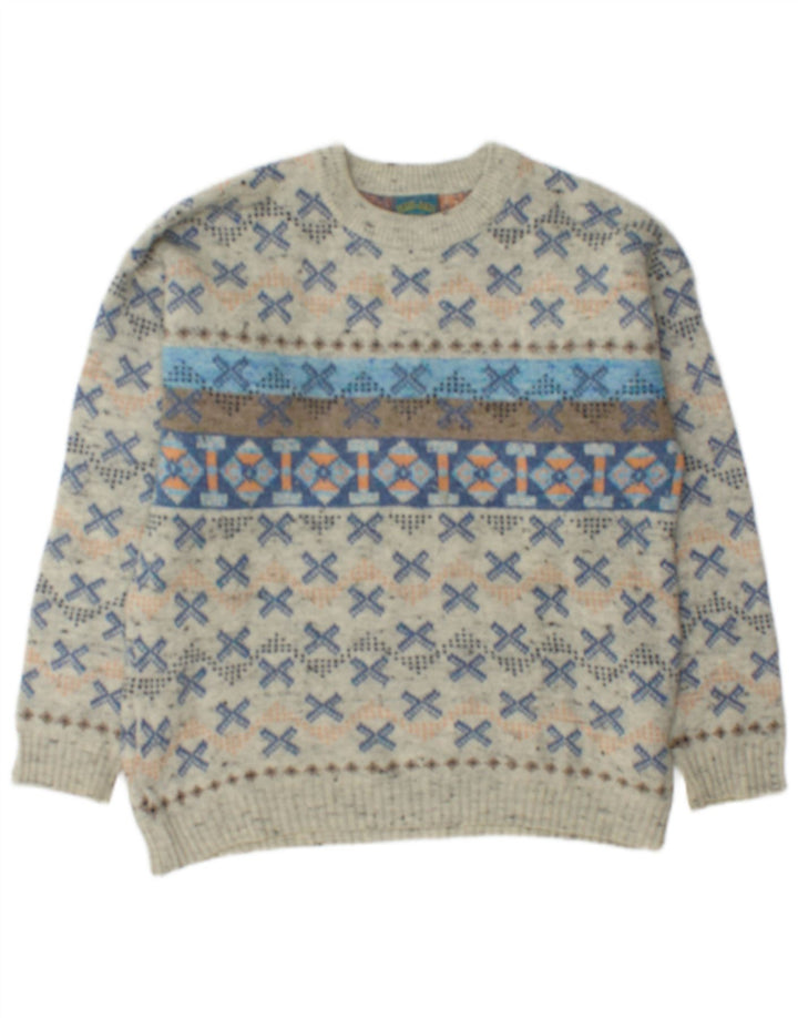 Maglione vintage da uomo con scollo a barca in lana geometrica grigio medio