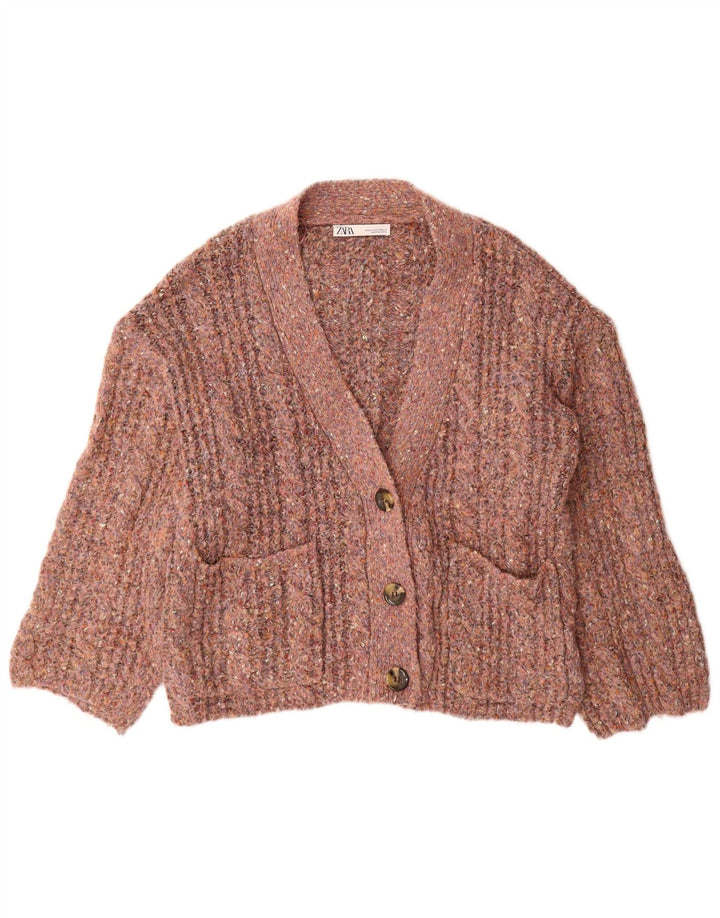 Zara Womens Oversized Cardigan Sweater UK 14 Medium Pink Flecked Polyester