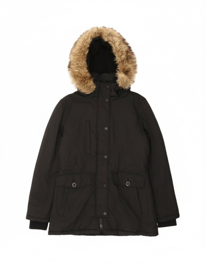 Superdry Parkajakke med hætte til kvinder UK 12 Medium Sort Nylon